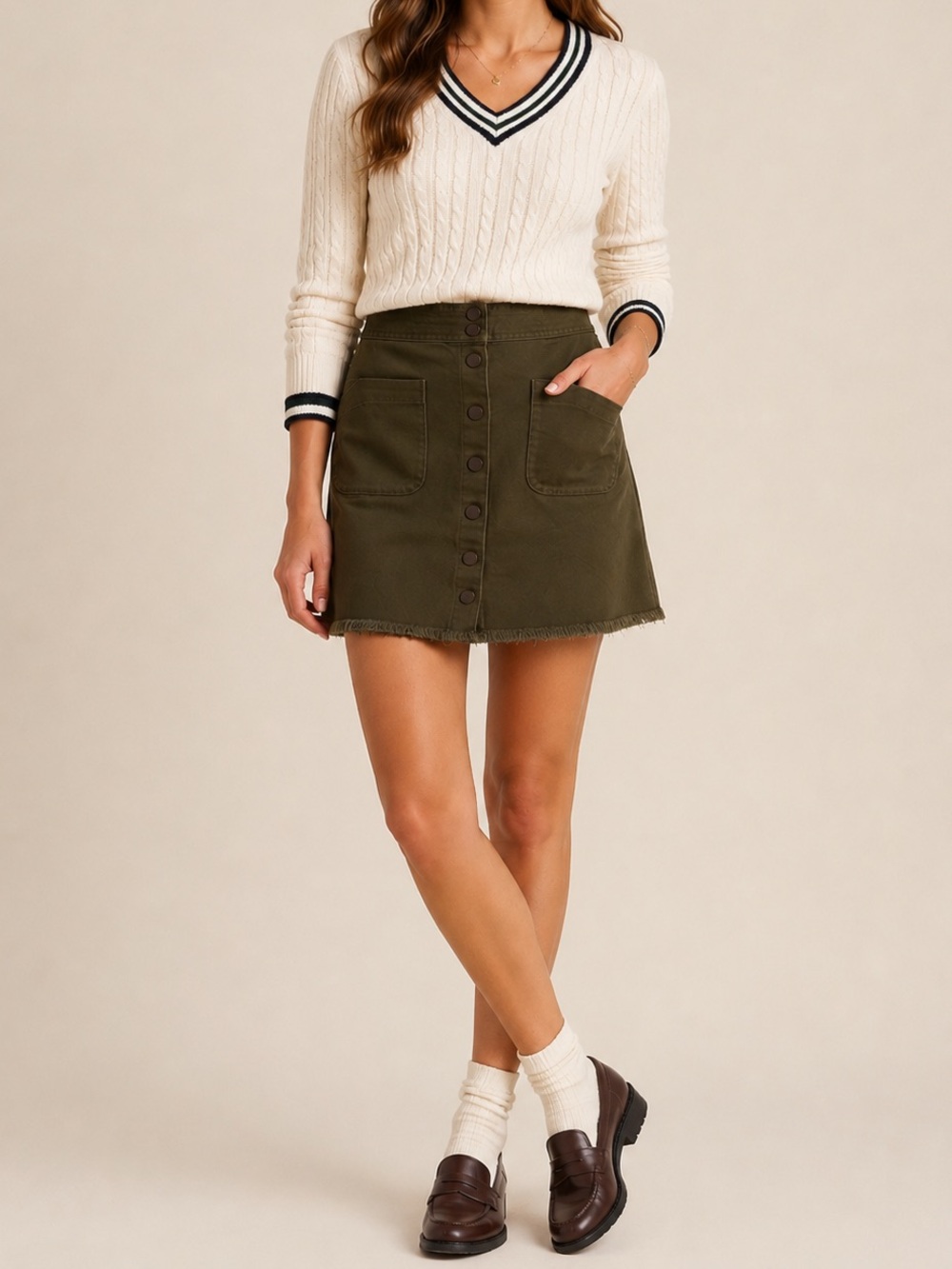 Madewell Army Green A-Line Mini Skirt Button Front Raw Hem Preppy Classic